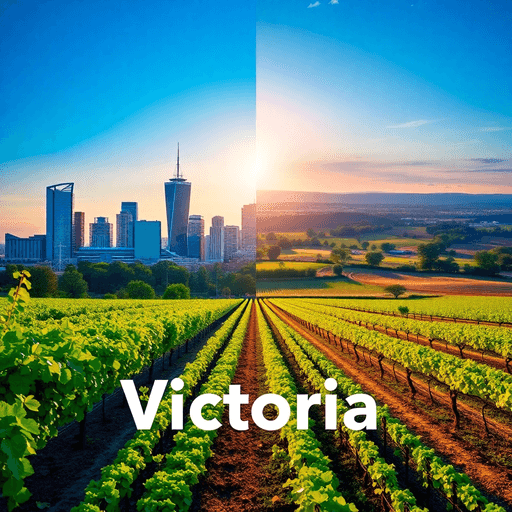 Split image of Melbourne skyline with digital icons on one side and green vineyards and farmland on the other, illustrating urban innovation and ru...