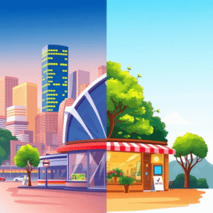 Split-scene digital illustration of Sydney skyline corporate offices and a cozy regional small business surrounded by nature.