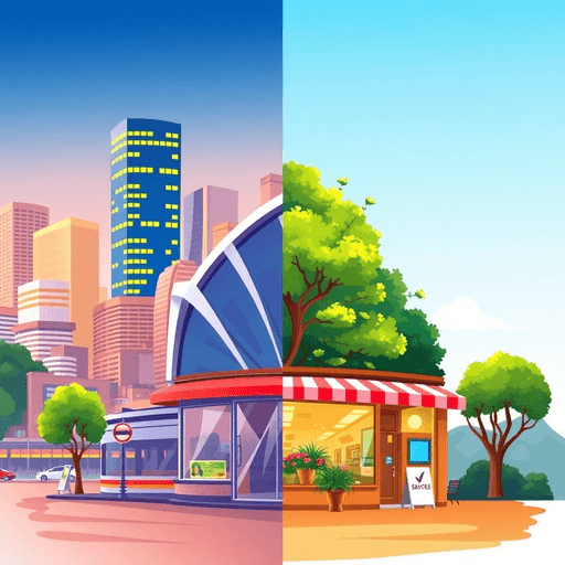 Split-scene digital illustration of Sydney skyline corporate offices and a cozy regional small business surrounded by nature.