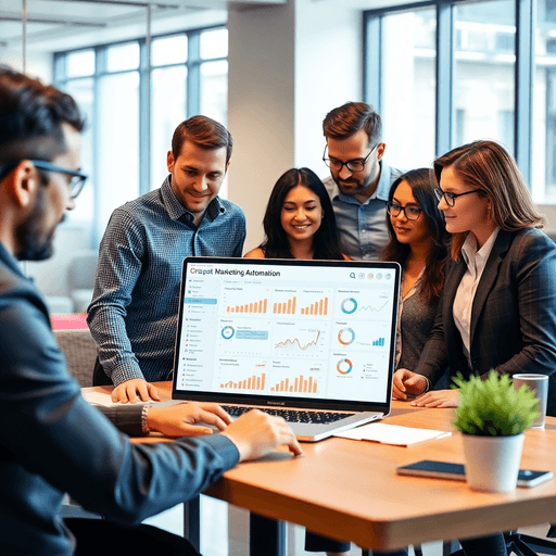 Team collaborating around a laptop showing marketing automation software with email charts and customer engagement graphs in a modern office.