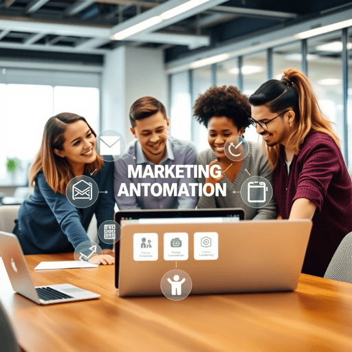Team collaborating in a modern office around a laptop showing marketing automation software with icons for email campaigns, workflow, and customer ...