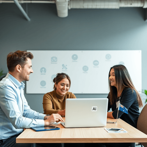 Team collaborating in a modern office around a laptop with AI tools, surrounded by digital marketing icons and Australian-themed decor.
