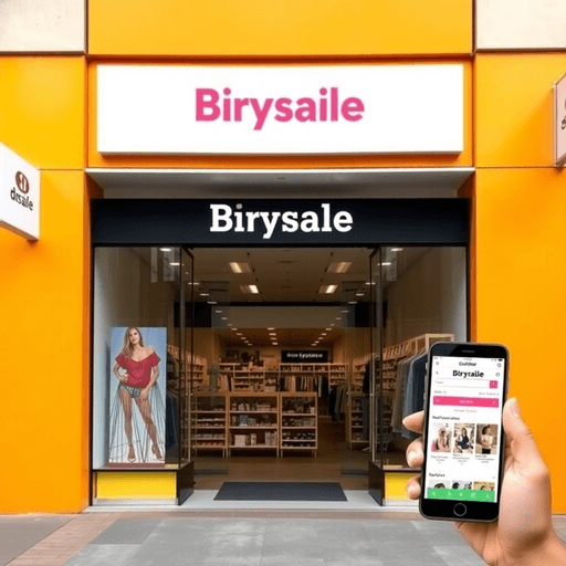 Vibrant Brisbane retail storefront with clear signage, welcoming entrance, smartphone showing online store, blending physical and digital shopping ...