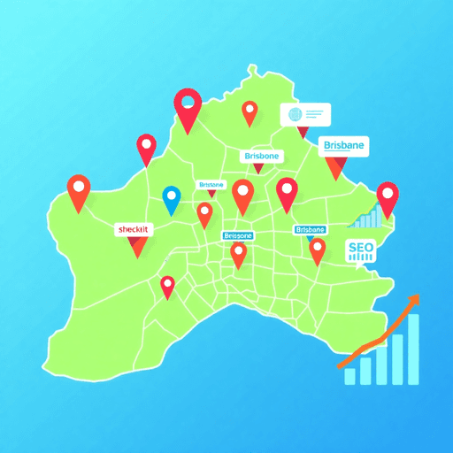 Vibrant map of Brisbane with digital search icons and graphs showing SEO growth, highlighting multiple business locations in a bright, modern design.