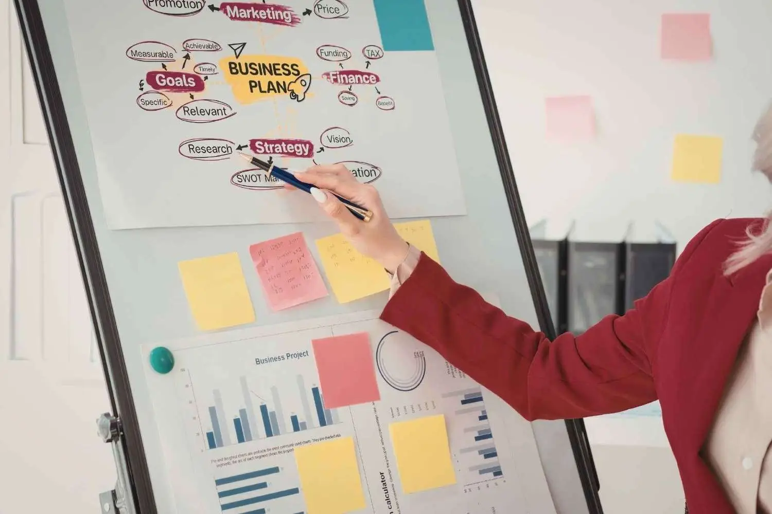 Business consultant presenting goals and financial charts during a pricing strategy in Australia planning session.
