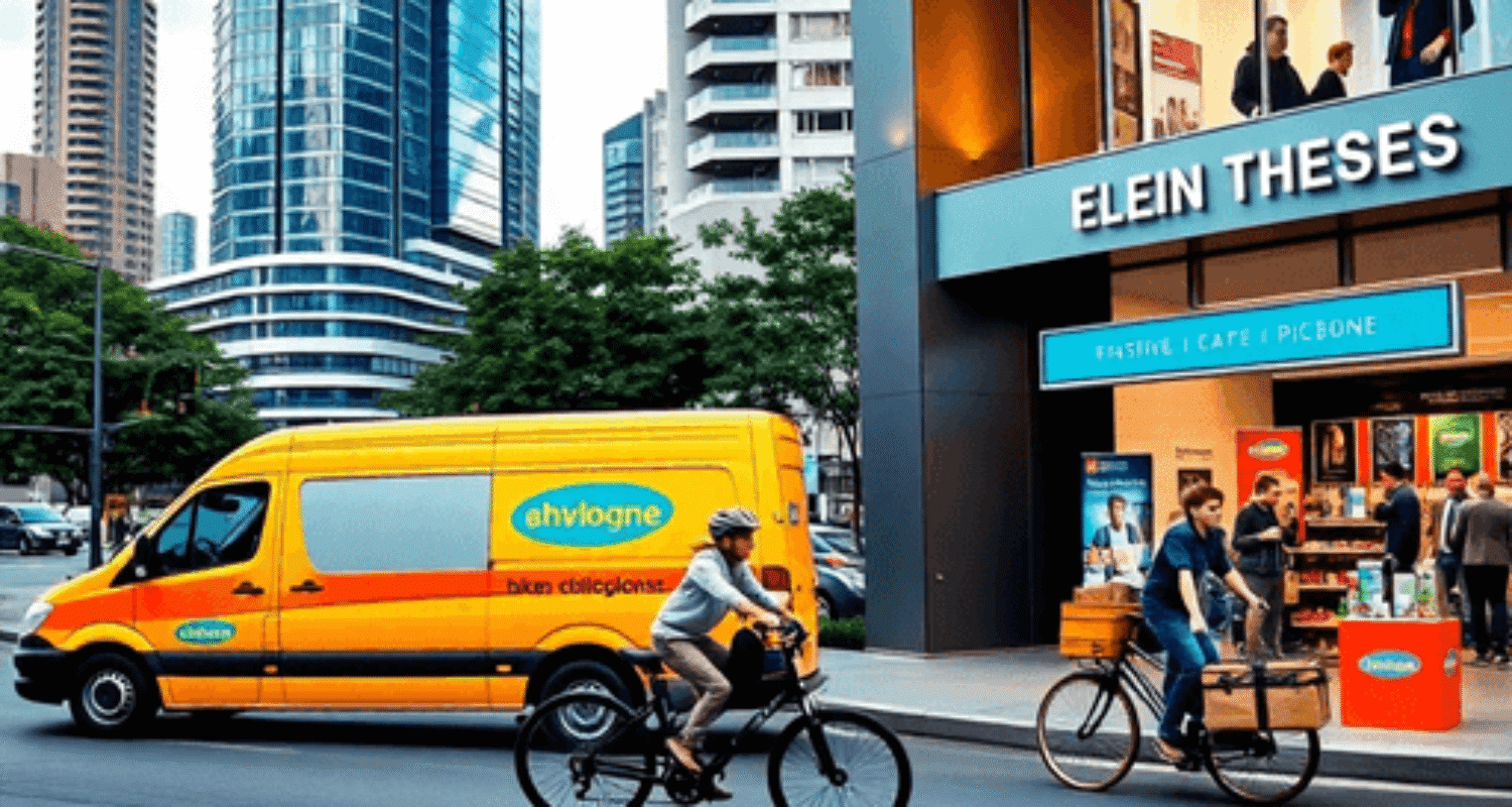 Brisbane cityscape with delivery vans, courier bikes on busy streets, and a modern retail store with customers picking up orders, highlighting fast...