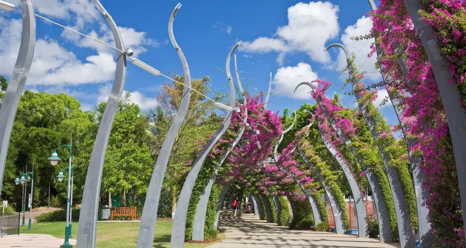 Bougainvillea archway in a sunny park pathway