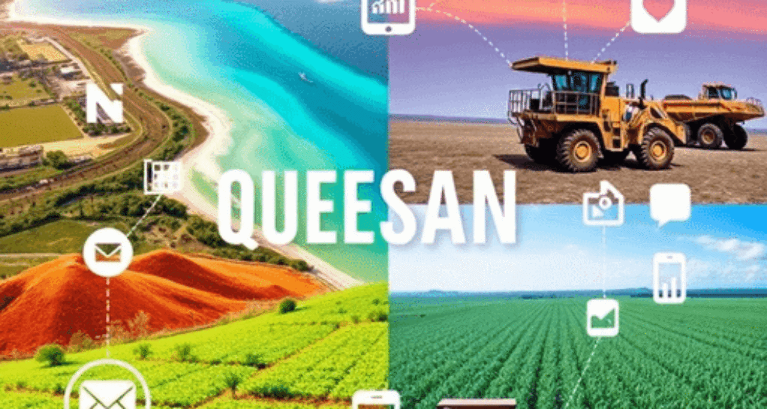 Collage of Queensland's industries: Great Barrier Reef, mining site with machinery, agricultural fields, linked by digital marketing icons and devi...