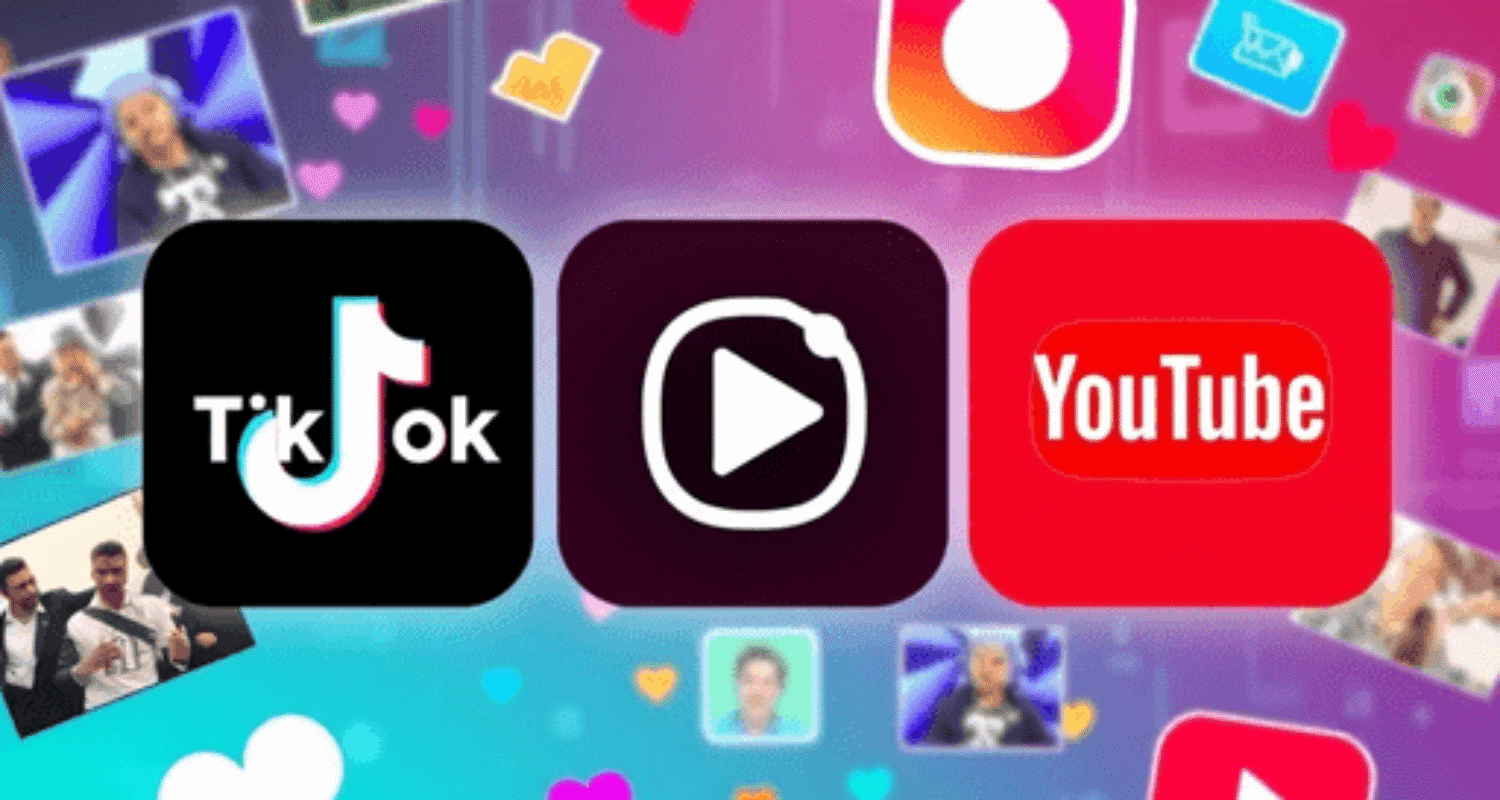 Collage of TikTok, Instagram Reels, and YouTube Shorts logos with colorful video clips and social media icons on a tech-inspired background.