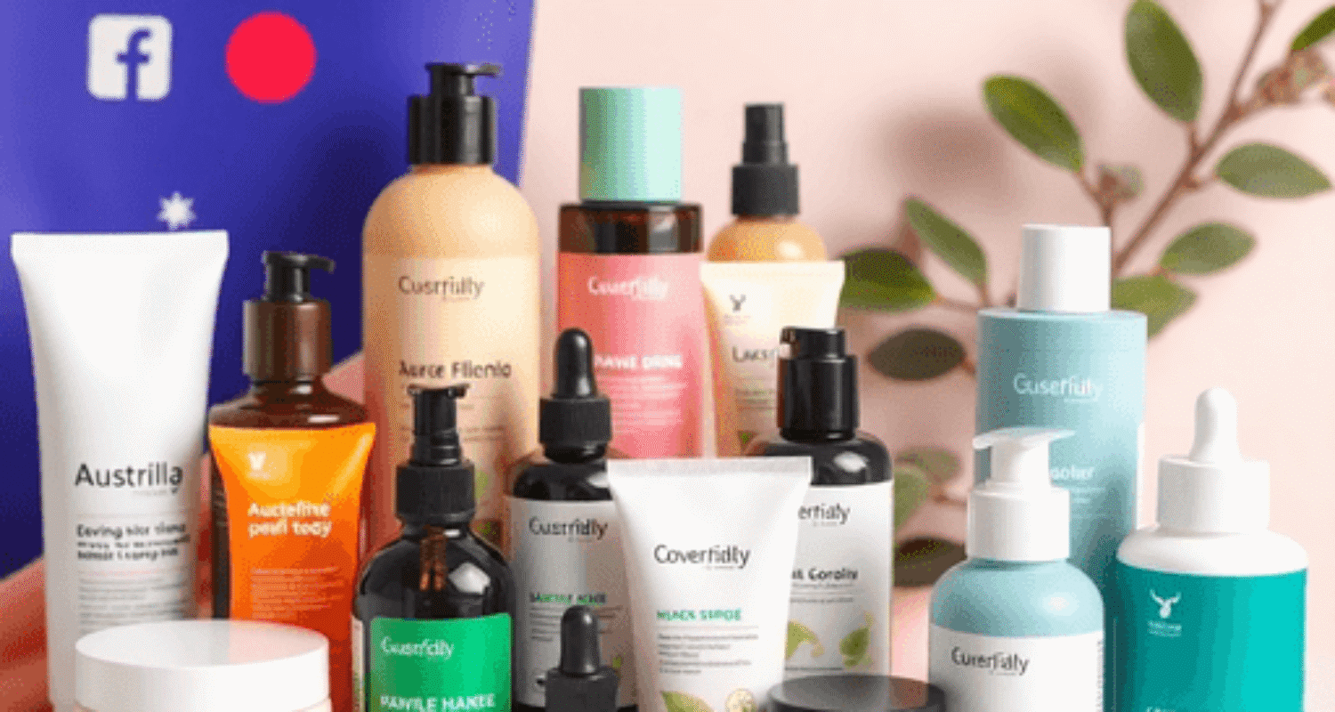 Colorful skincare products with eco-friendly packaging surrounded by eucalyptus leaves and social media icons, emphasizing beauty, wellness, and su...