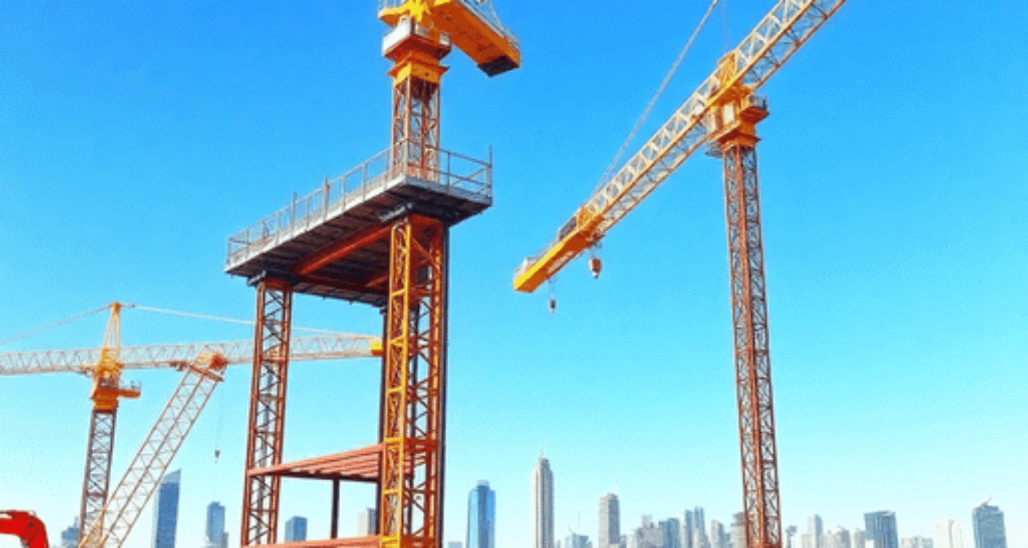 Construction site with cranes, building frameworks, and workers in safety gear, set against an Australian city skyline under a clear sky.
