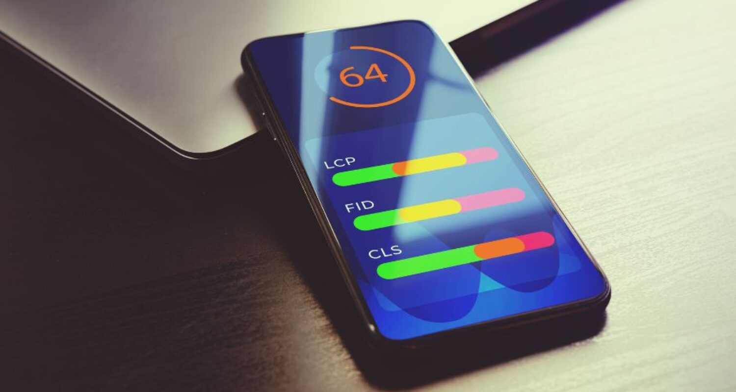 Smartphone showing performance score with colorful bars.