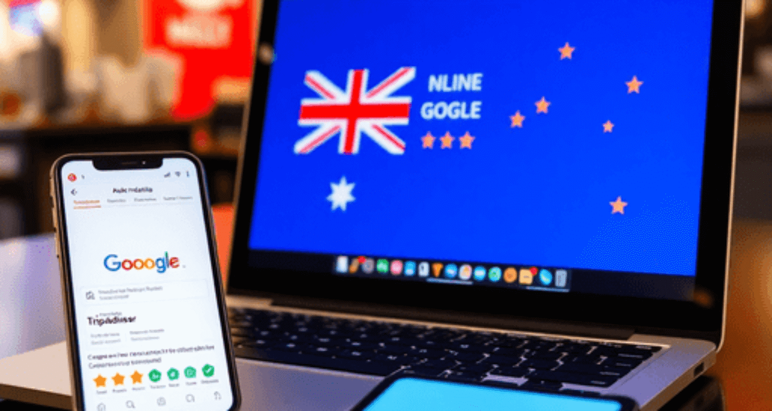 Digital marketplace scene with laptop and smartphone showing Australian review platforms, star ratings, and positive feedback icons symbolizing con...