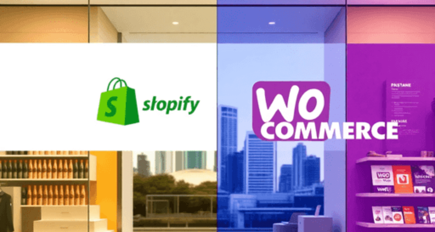 Digital storefront split showing Shopify's sleek design and WooCommerce's creative interface, with a subtle Brisbane cityscape background.