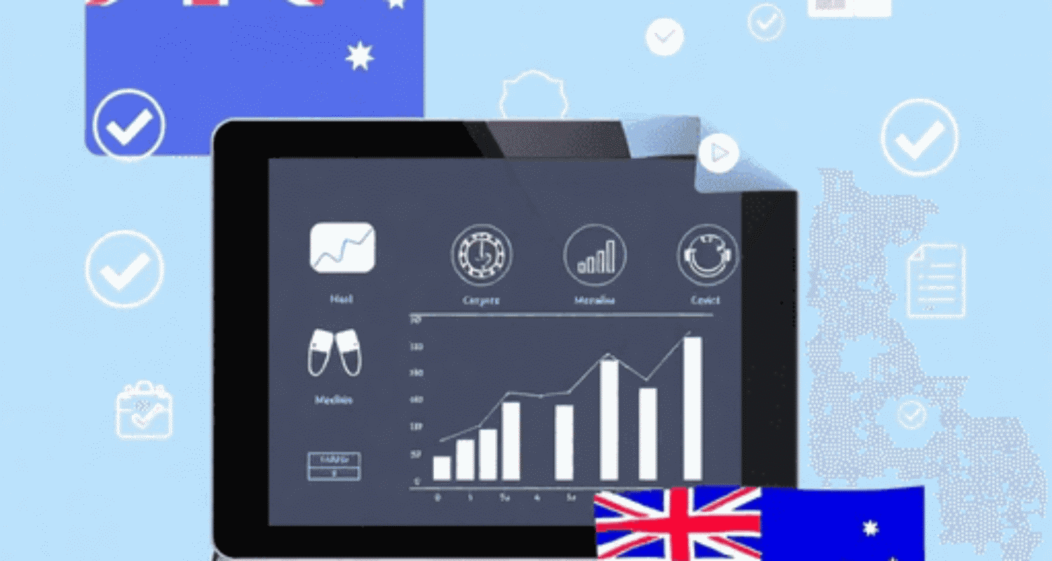 Digital tablet with medical icons and graphs, surrounded by compliance symbols and Australian flag in the background, clean modern healthcare marke...