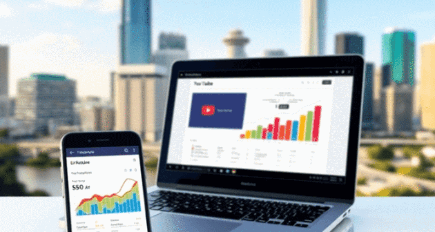 Laptop and smartphone showing YouTube analytics and SEO graphs with Brisbane city skyline in the vibrant background.
