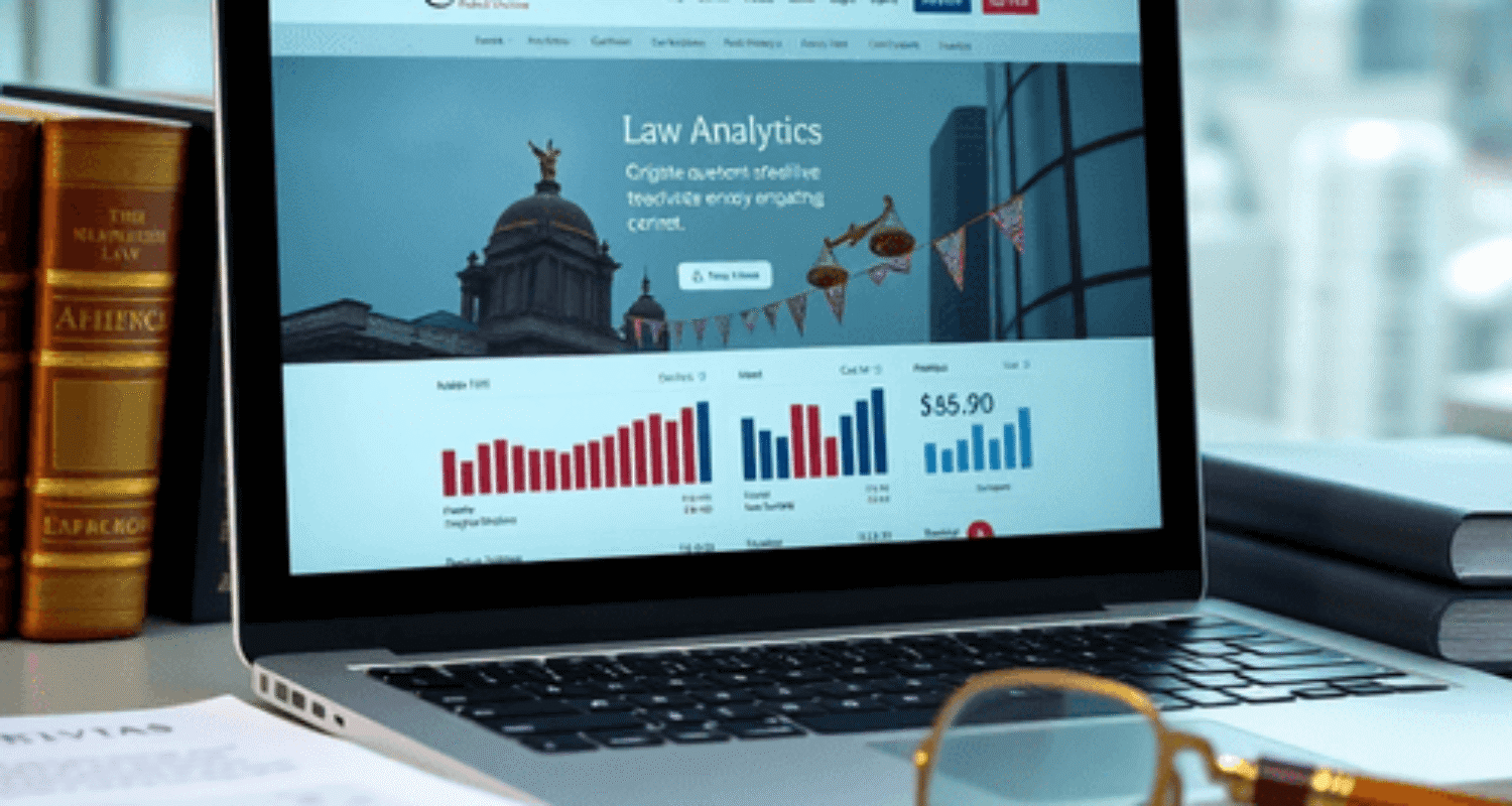 Laptop showing law firm SEO analytics on screen, surrounded by legal books and documents in a modern office with city view.