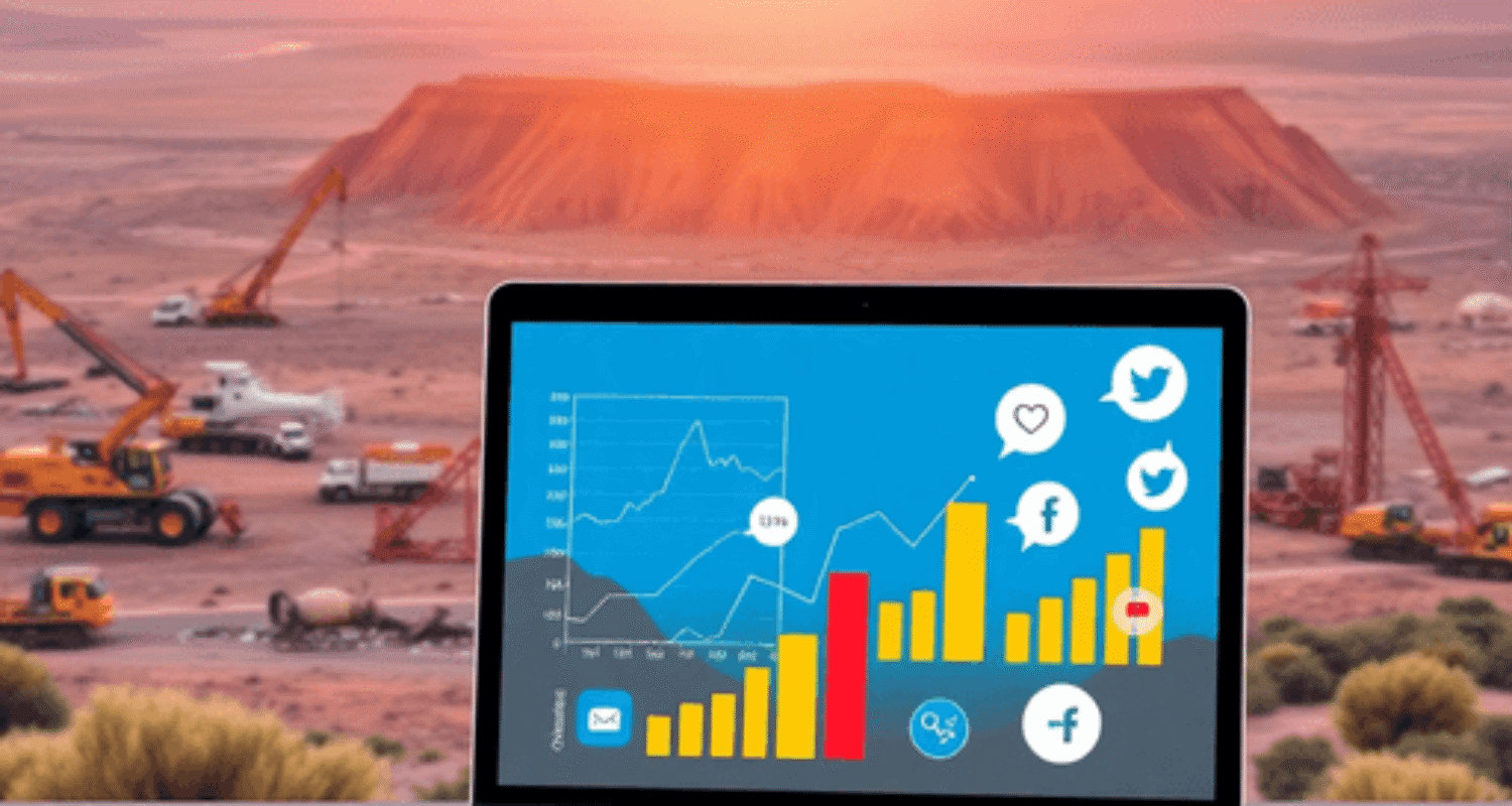 Laptop with graphs and social media icons overlaid on Western Australia's landscape featuring mining equipment and tourist attractions.