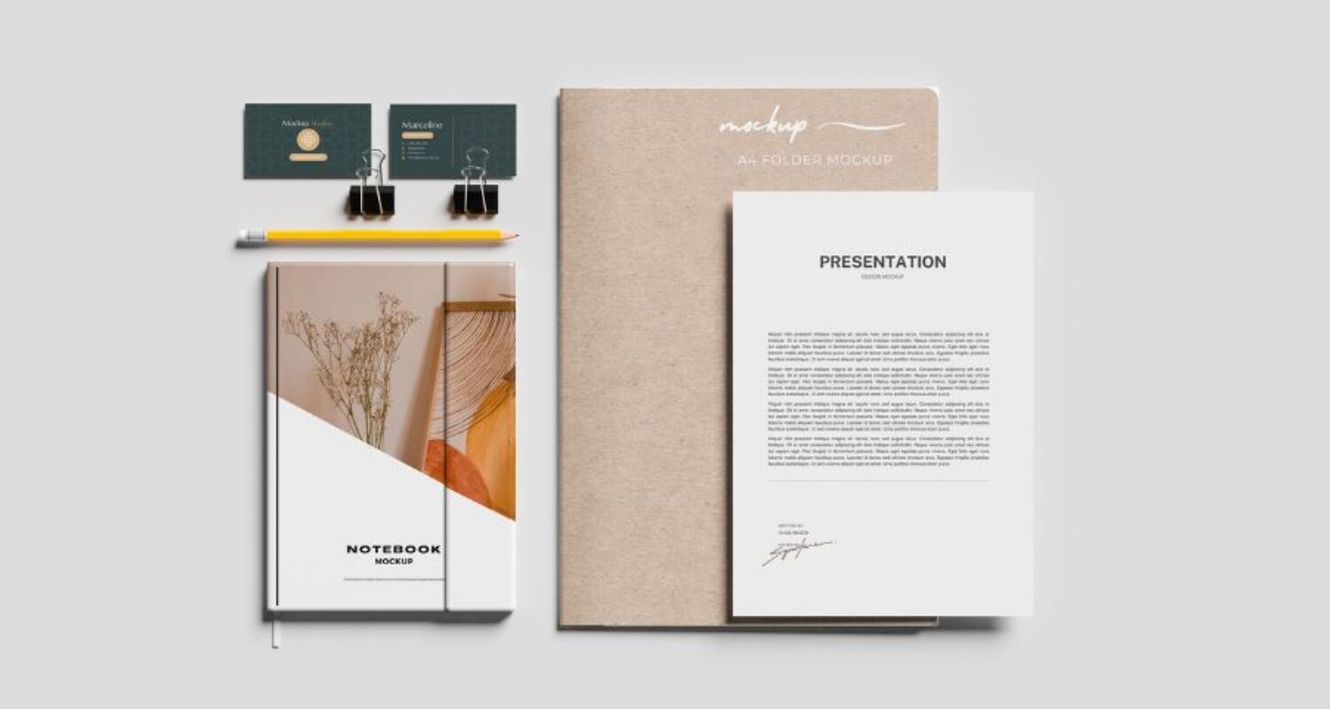 Office stationery mockup with notebook and business cards