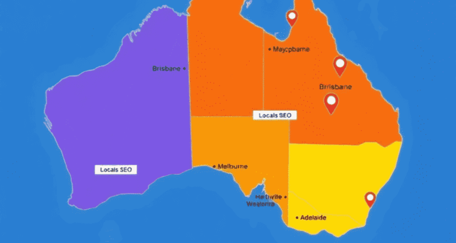 Map of Australia with major cities marked by digital icons for SEO elements like location pins, search bars, and business listings in a modern, cle...