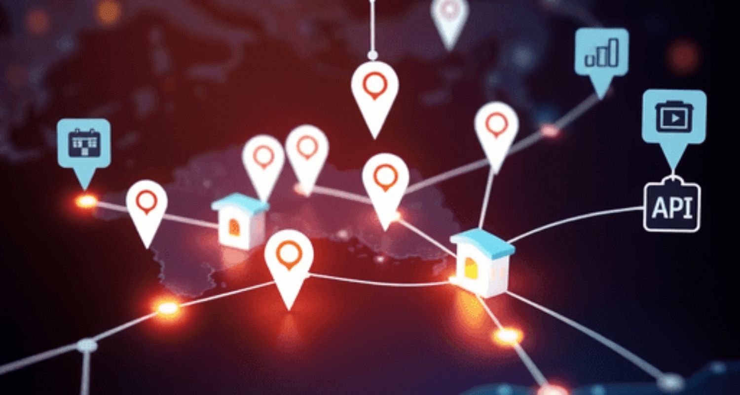 Map with multiple store locations connected by glowing lines, featuring AI icons like chat bubbles and data analytics symbols in a photo style.