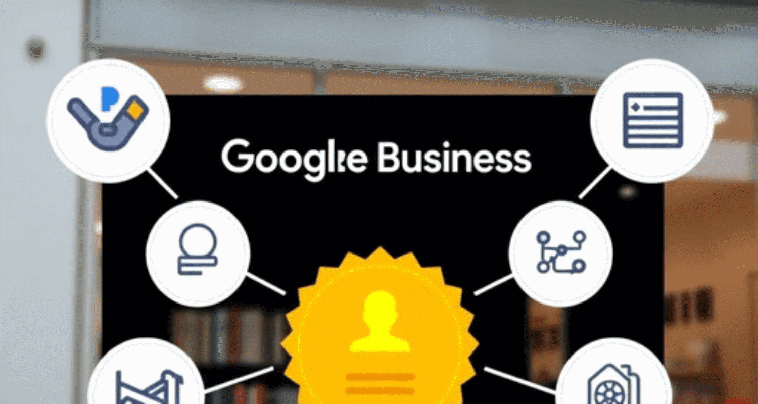 Modern small business storefront in Brisbane with a digital screen showing a Google Business Profile badge and icons for SEO, reviews, analytics, a...