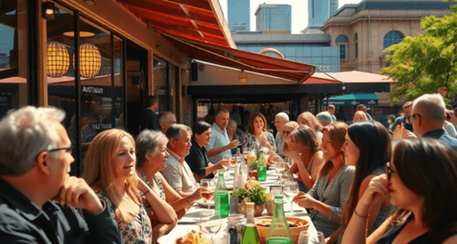Outdoor dining at a lively Australian restaurant with diverse guests, iconic landmarks in the background, bright atmosphere, and vibrant social int...