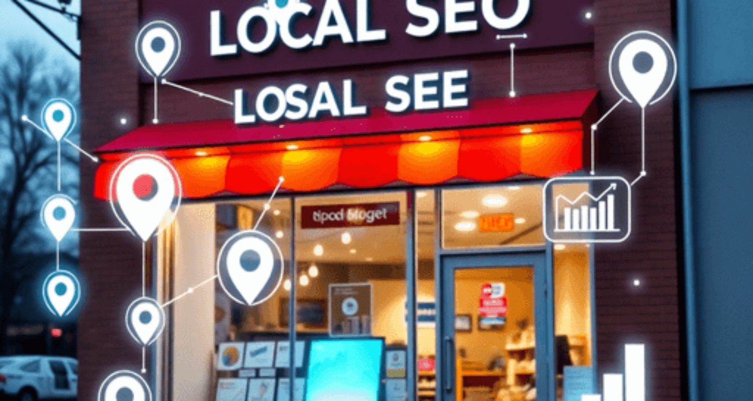 Photograph of a colorful small business storefront surrounded by glowing digital icons like location pins, keywords, and data graphs symbolizing AI...