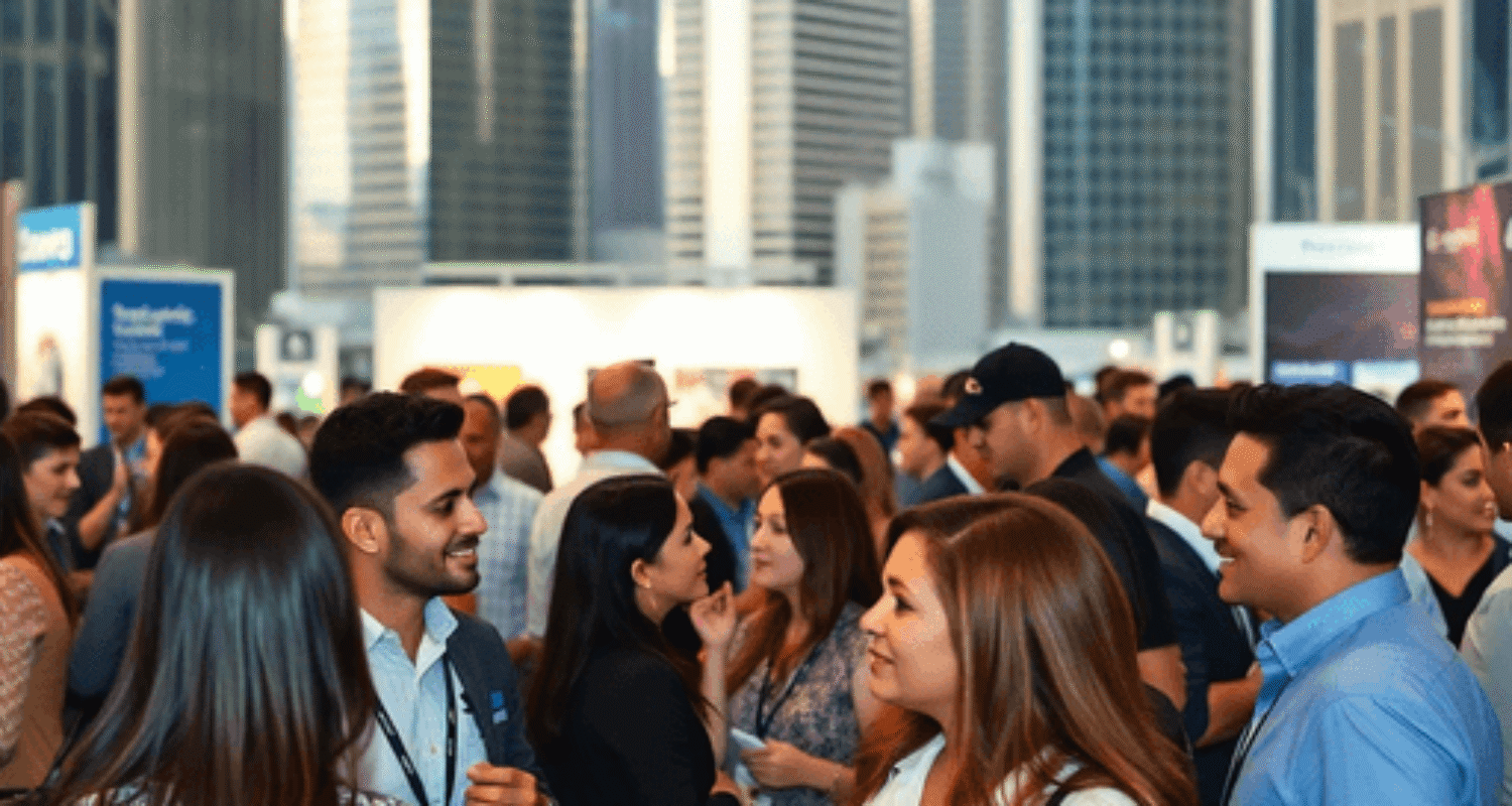 Professionals networking and exchanging ideas at a vibrant business event with cityscape backdrop and branded booths showcasing innovative products.