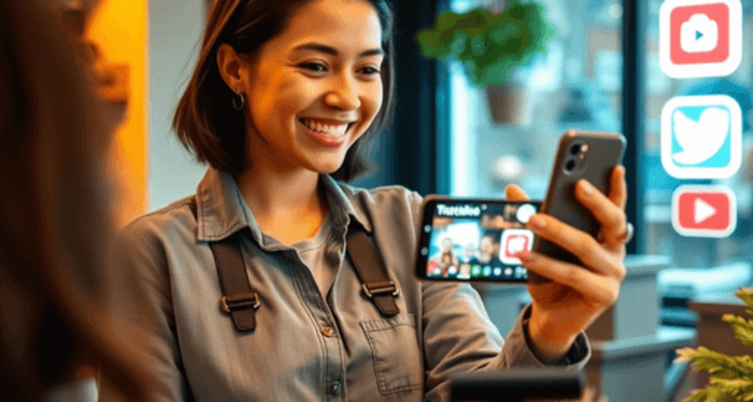 Small business owner live streaming with smartphone in cozy shop, surrounded by glowing social media icons for Facebook, Instagram, and YouTube.