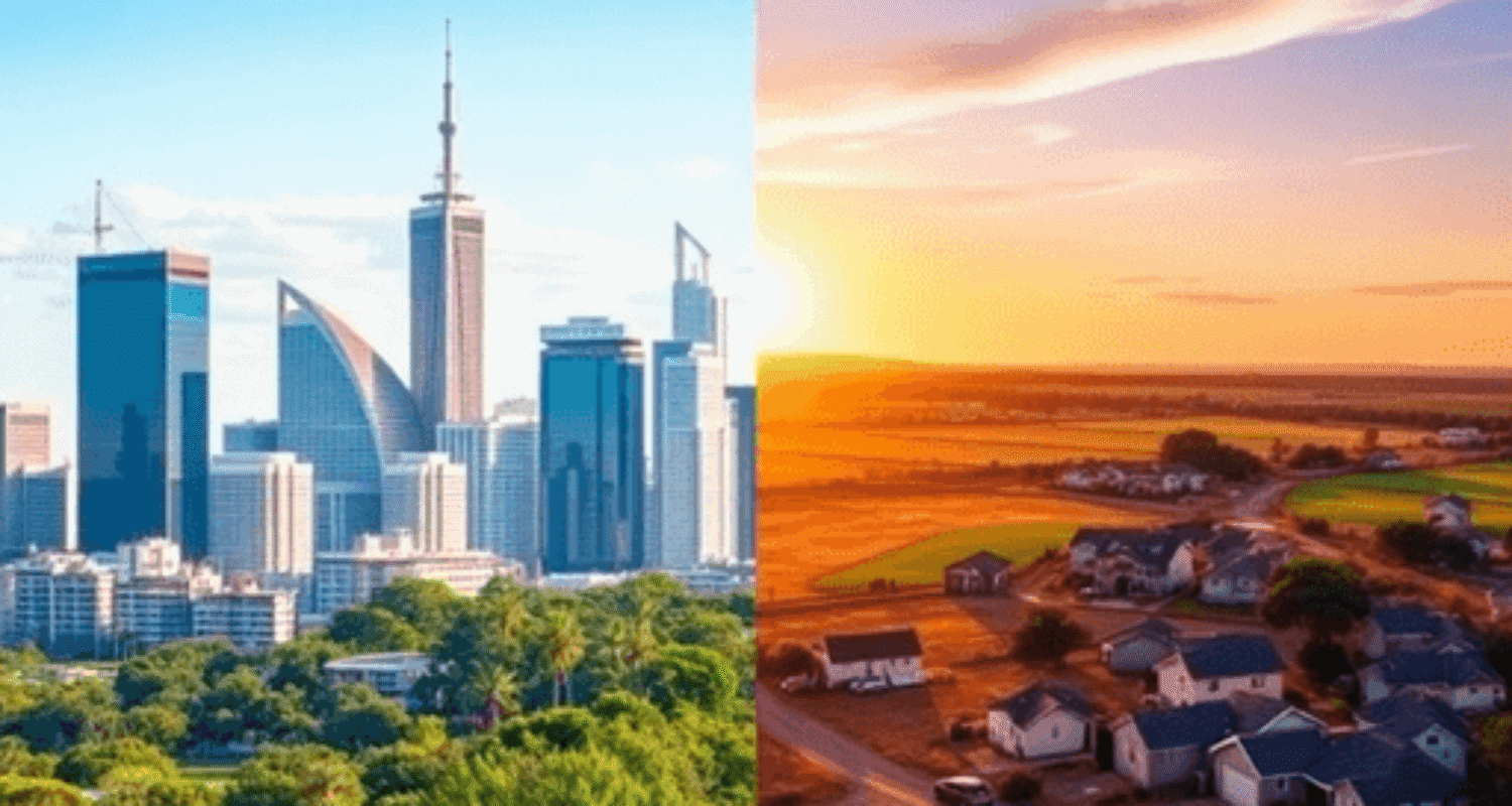 Split-image of a modern city skyline with high-rises on one side and a peaceful regional town with open landscapes on the other.
