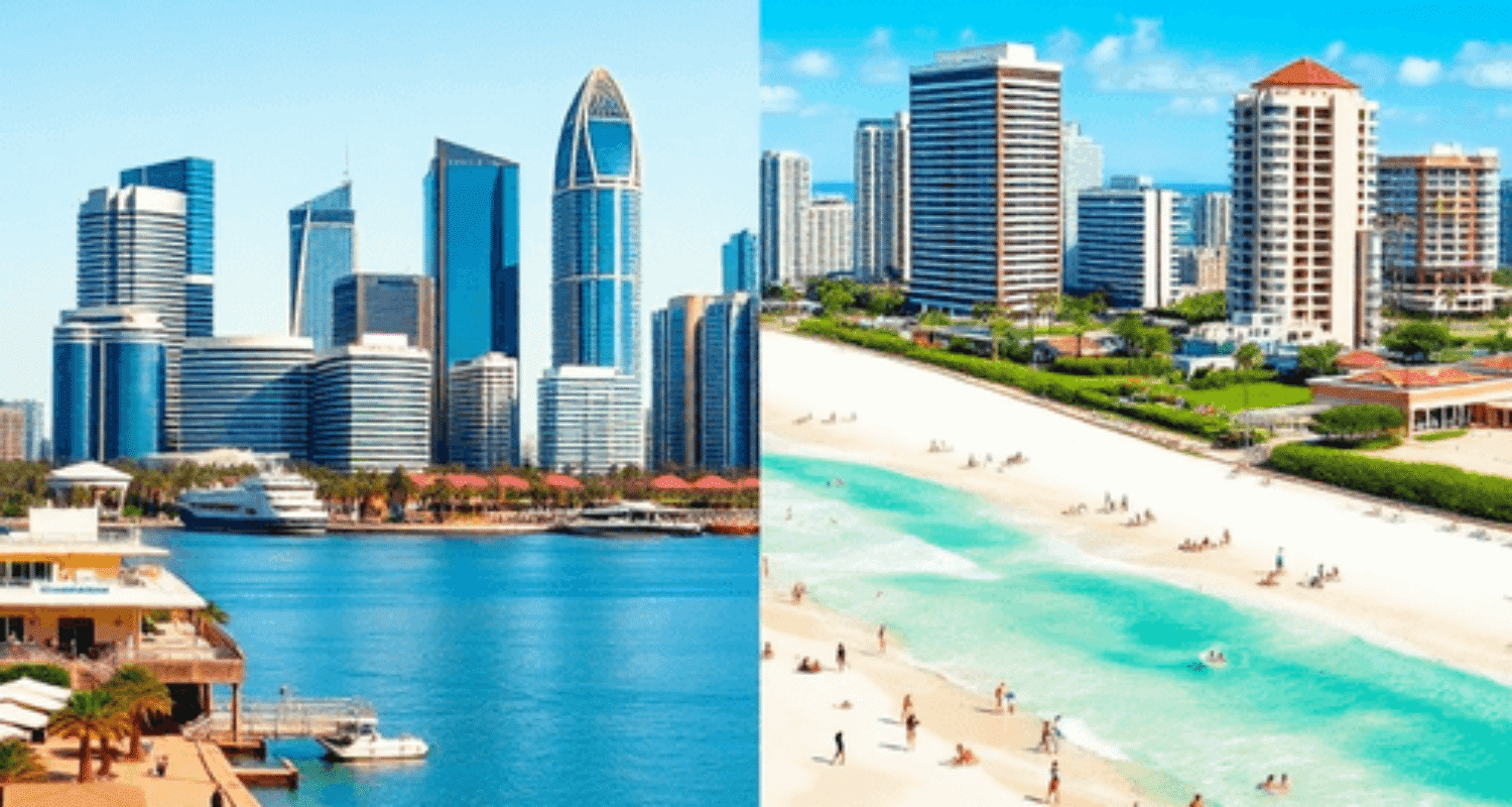 Split-image of Brisbane’s skyline with corporate buildings and tech icons, contrasted with Gold Coast’s sunny beach, tourists, palm trees, and hosp...