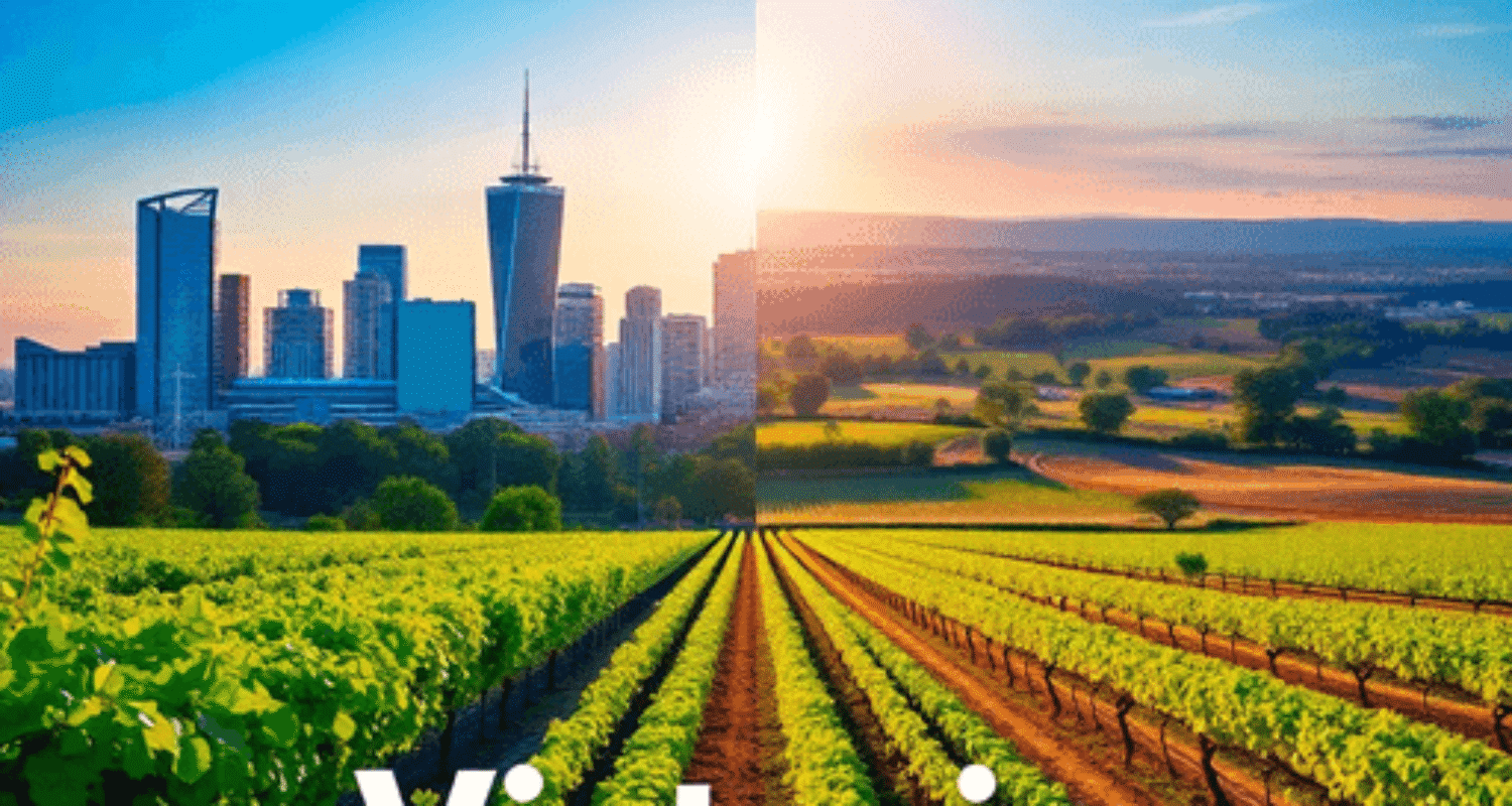 Split image of Melbourne skyline with digital icons on one side and green vineyards and farmland on the other, illustrating urban innovation and ru...