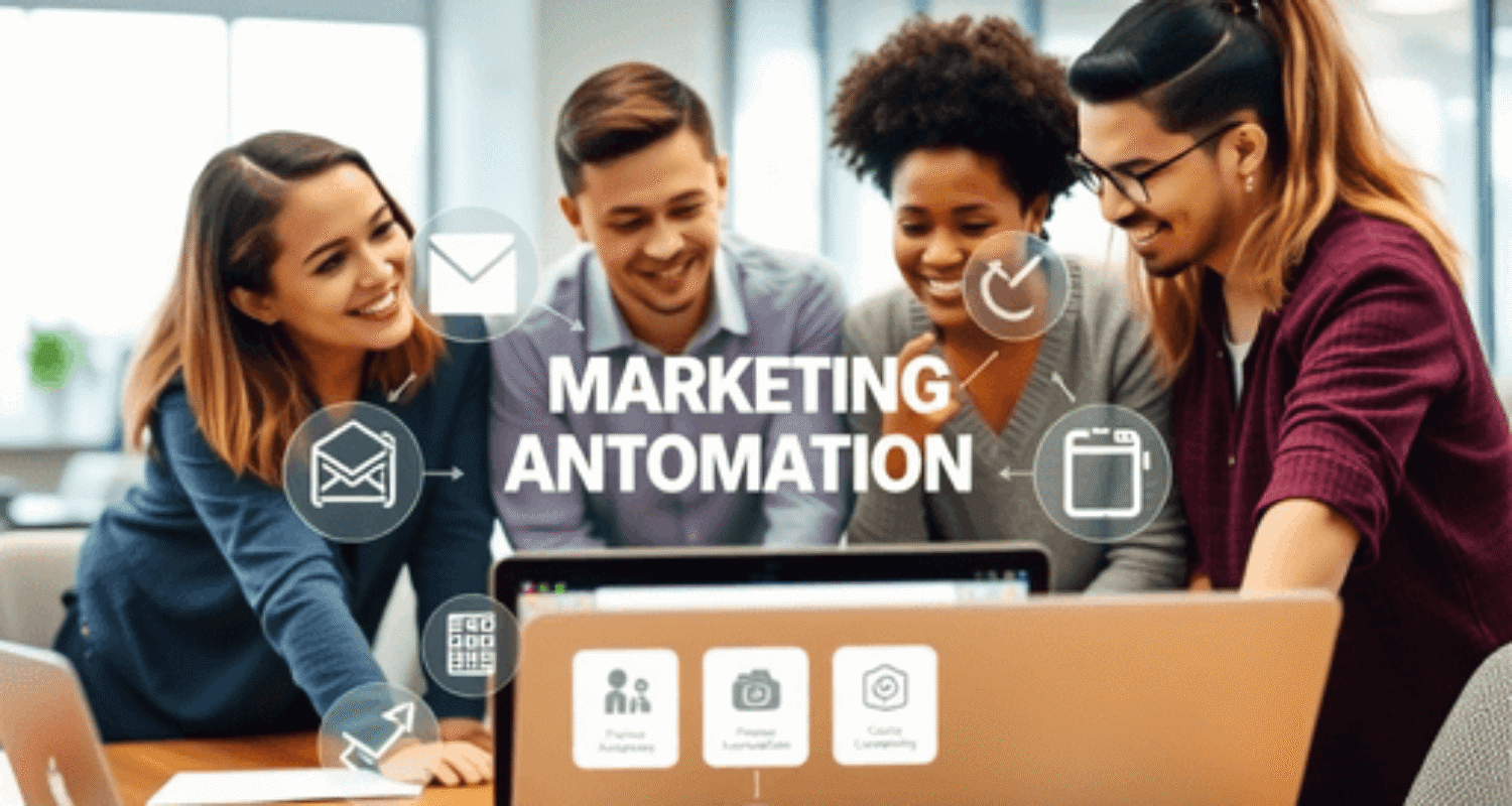 Team collaborating in a modern office around a laptop showing marketing automation software with icons for email campaigns, workflow, and customer ...