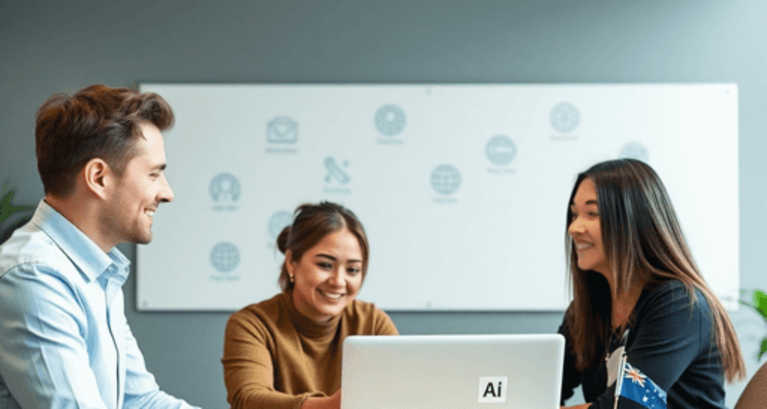 Team collaborating in a modern office around a laptop with AI tools, surrounded by digital marketing icons and Australian-themed decor.