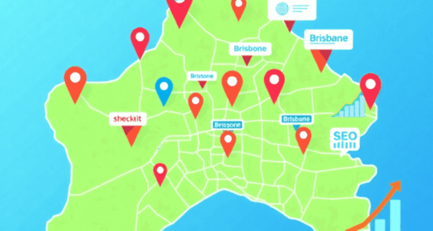 Vibrant map of Brisbane with digital search icons and graphs showing SEO growth, highlighting multiple business locations in a bright, modern design.