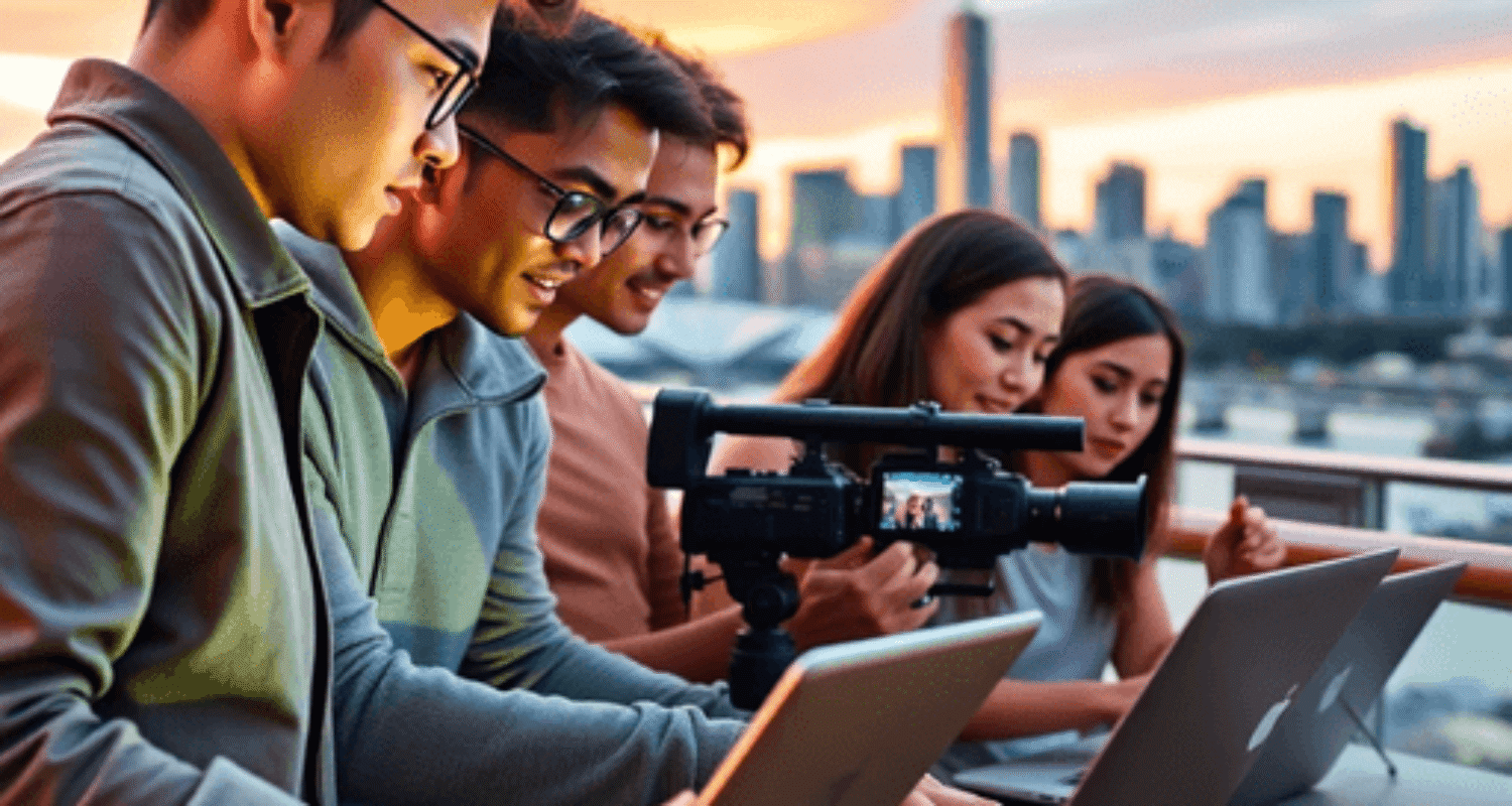 Young professionals collaborating on video content creation with laptops and cameras, Brisbane skyline at sunset in the background.